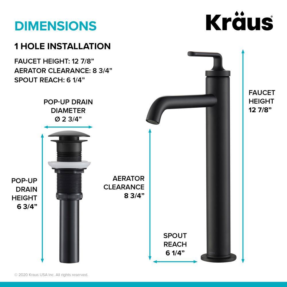 KRAUS Elavo Vessel White Ceramic Bath Sink and Ramus Single Handle Bath Faucet with Pop-Up Drain in Matte Black C-KCV-121-1220MB