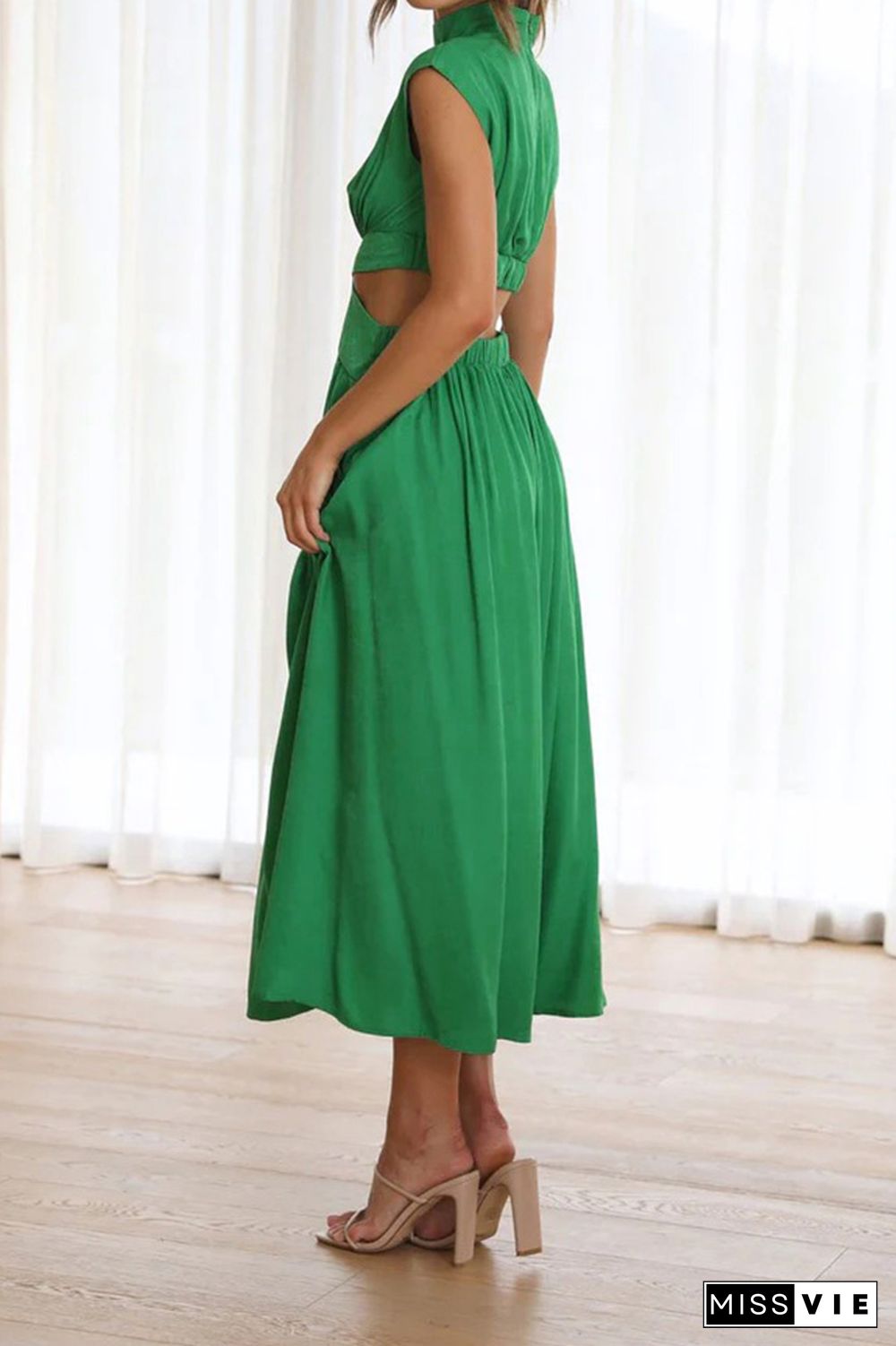 Plain Frilled High Collar Cut Out Waist Maxi Dress