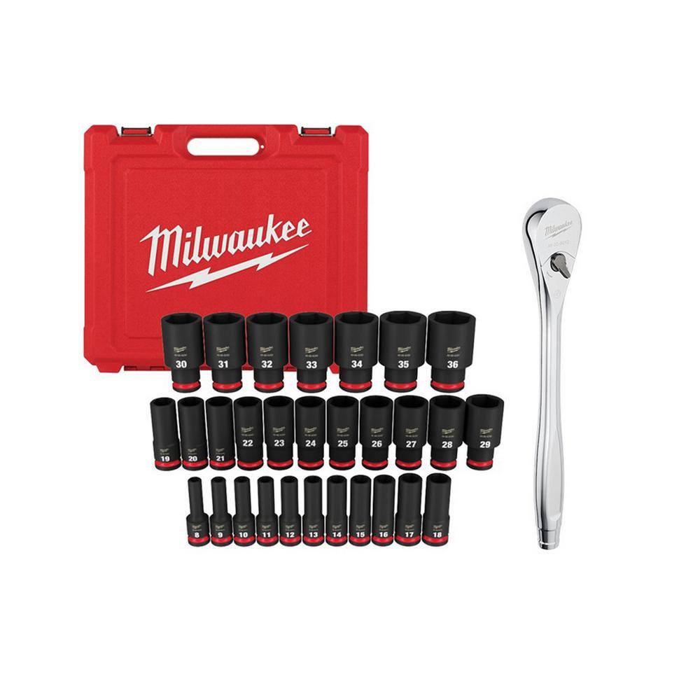 MW 12 in. Drive Ratchet and SHOCKWAVE 12 in. Drive Metric 6 Point Impact Socket Set (30-Piece) 48-22-9012-49-66-7015