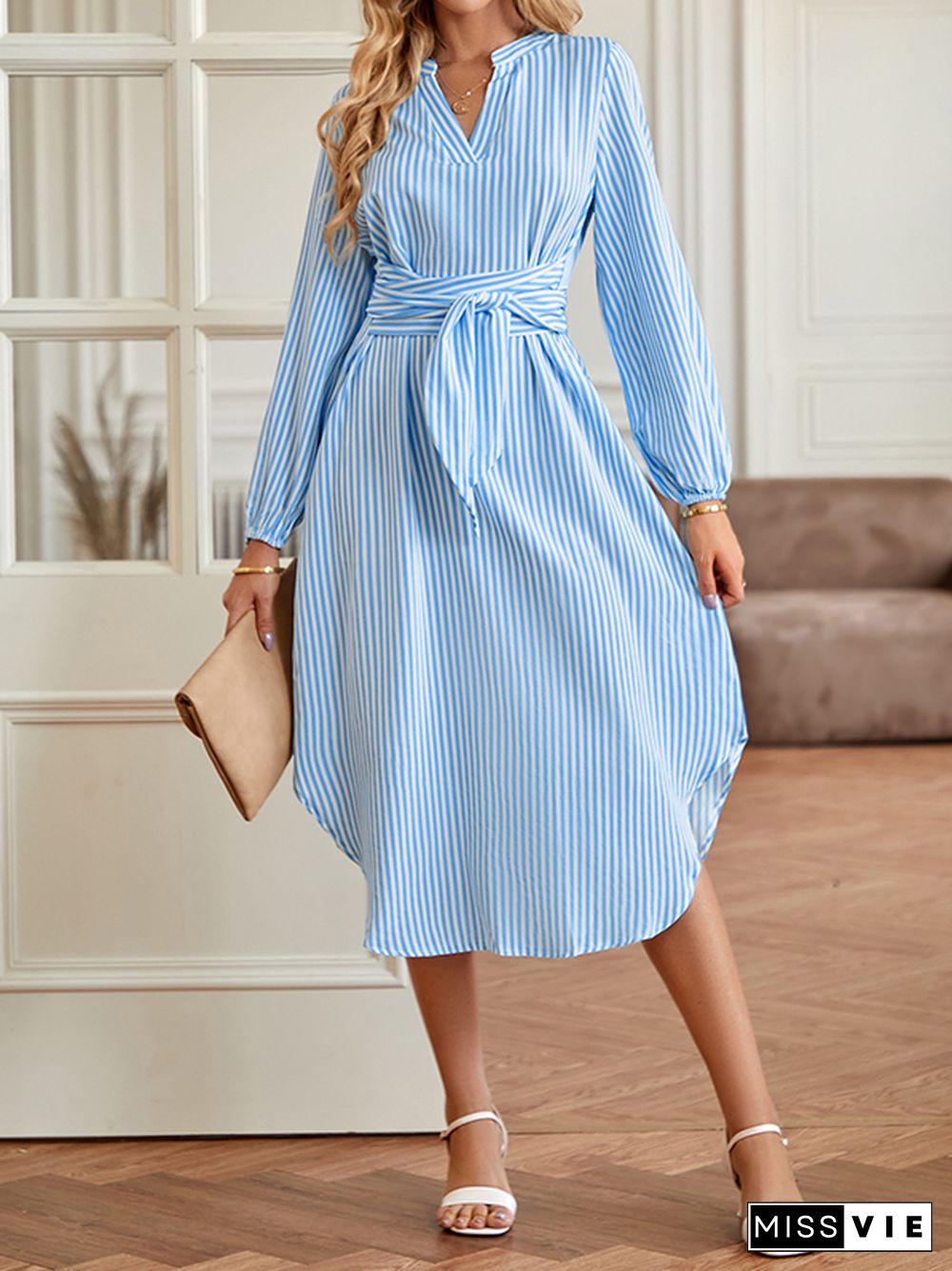 A-Line Long Sleeves Striped Tied Waist V-Neck Midi Dresses Shirt Dress