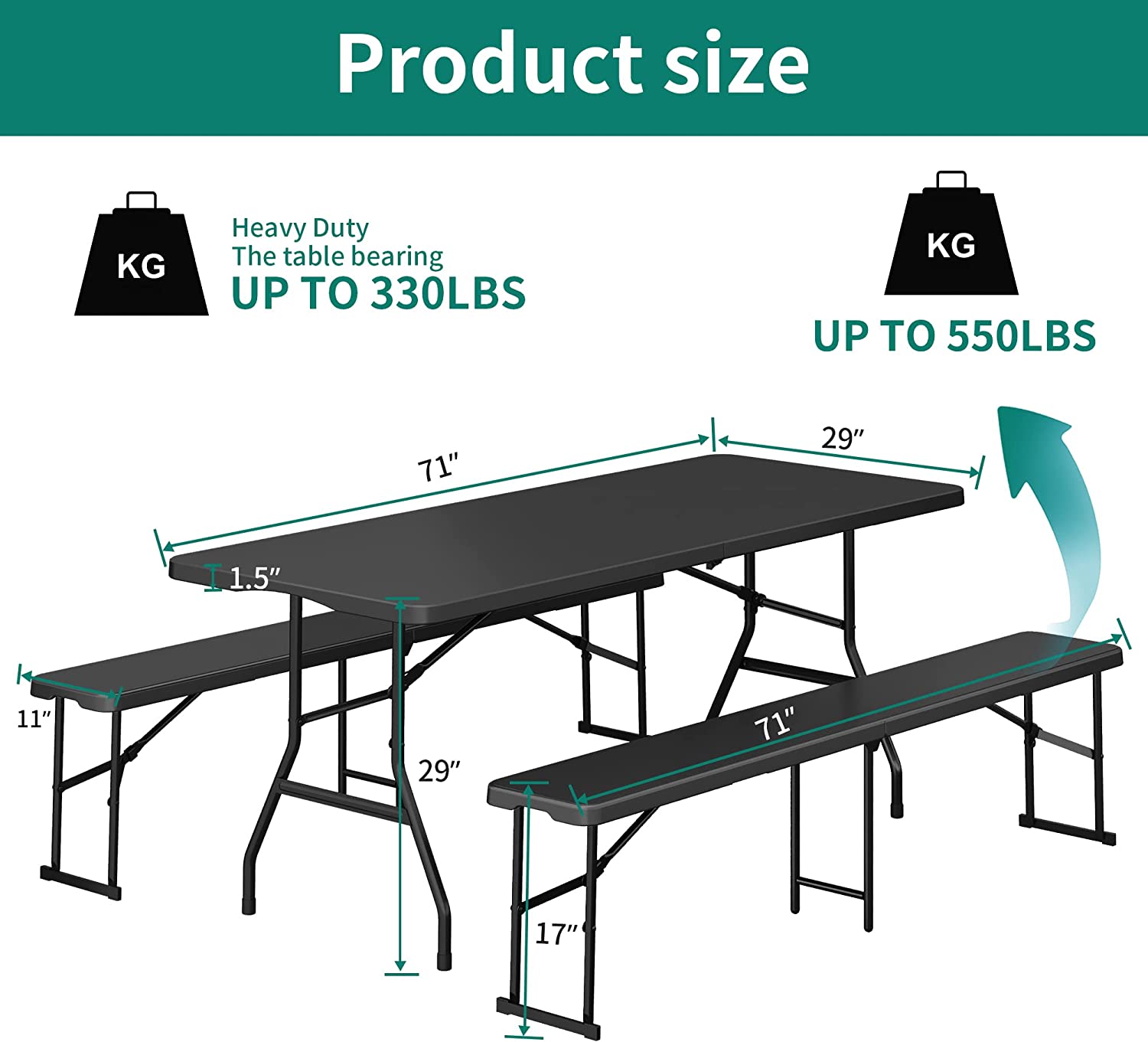 YITAHOME 6ft Portable Picnic Table Bench Set， Heavy Duty Camping Picnic Table Set， Fold up Picnic Table for Outdoor Camping Picnic Parties/Indoor Events， Black