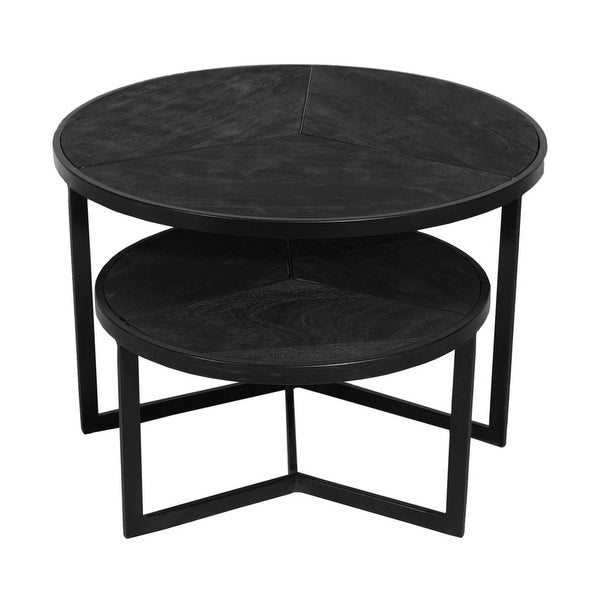 28， 20 Inch Round Nesting Coffee Table Set Of 2， Handcrafted Mango Wood Charcoal Gray Top， Black Iron Base