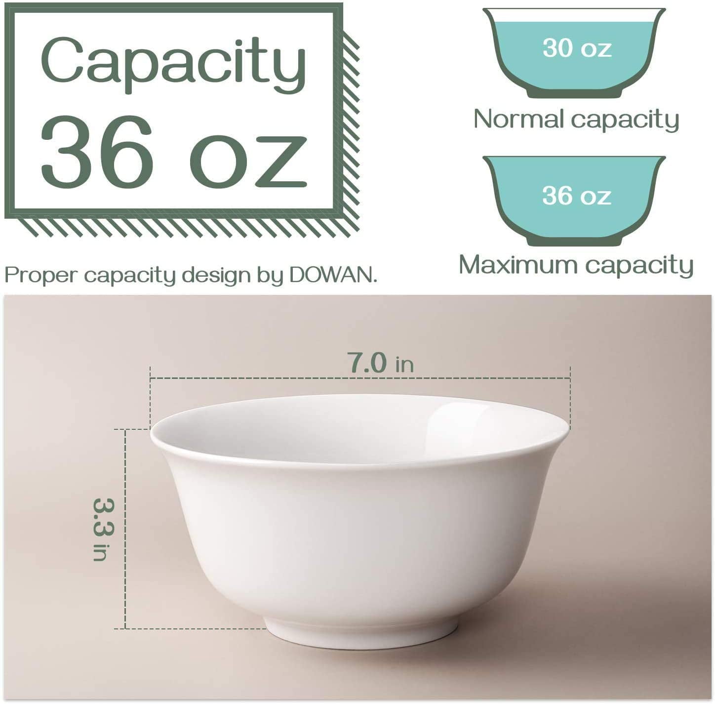 DOWAN 7 Serving Bowls， 36 OZ Deep Soup Bowls for Kitchen， White Bowls for Soup Cereal Ramen Stews Salads， Easy to Hold With Flared Edge，Dishwasher Microwave Safe Bowls Set of 6， White