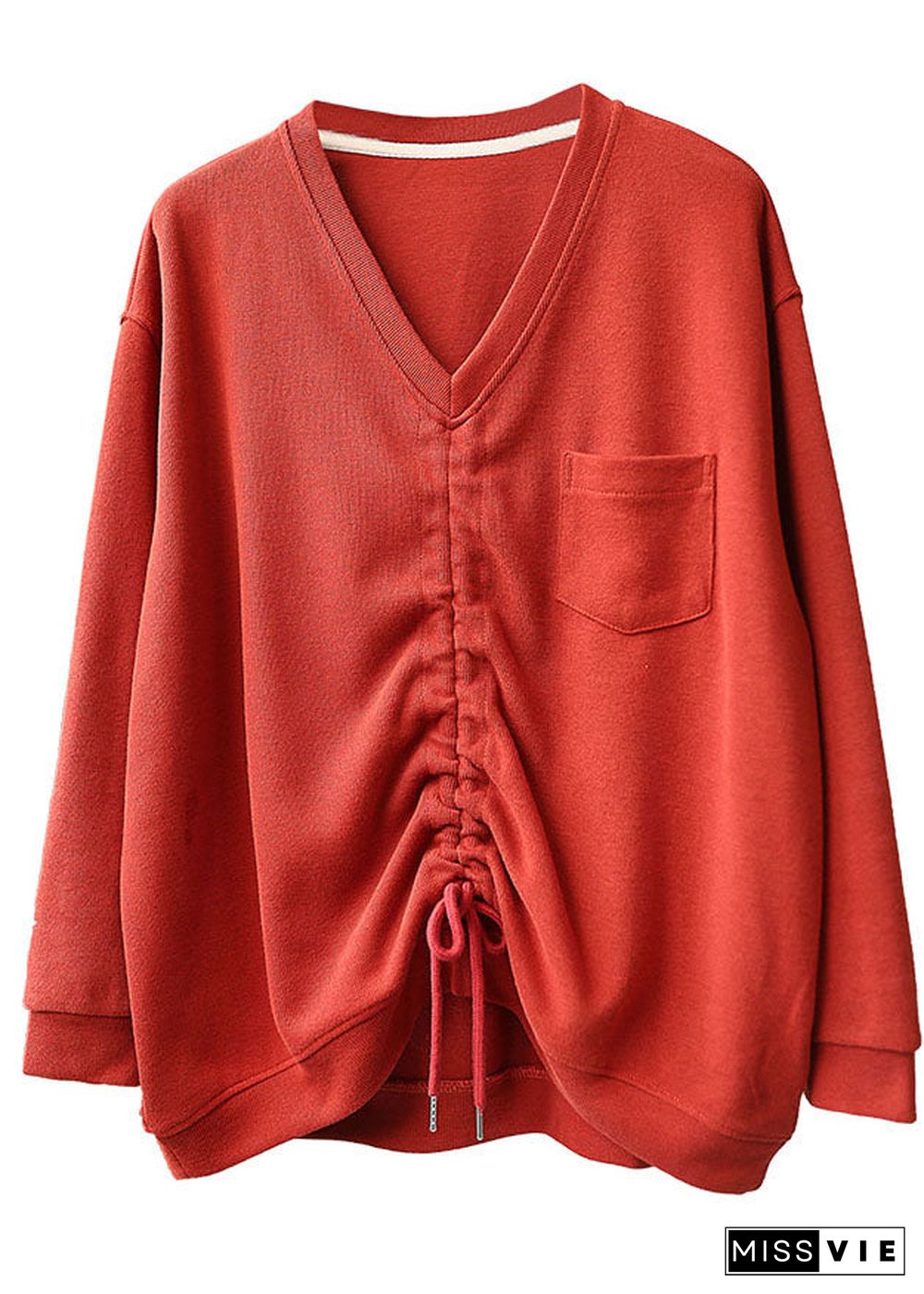 Elegant Red V Neck Pockets Drawstring Fall Loose Sweatshirts Top