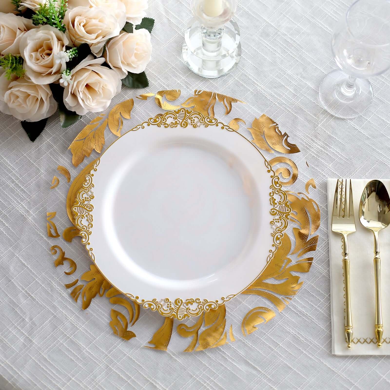 10 Pack Metallic Gold Sheer Organza Round Placemats with Swirl Foil Floral Design, 13