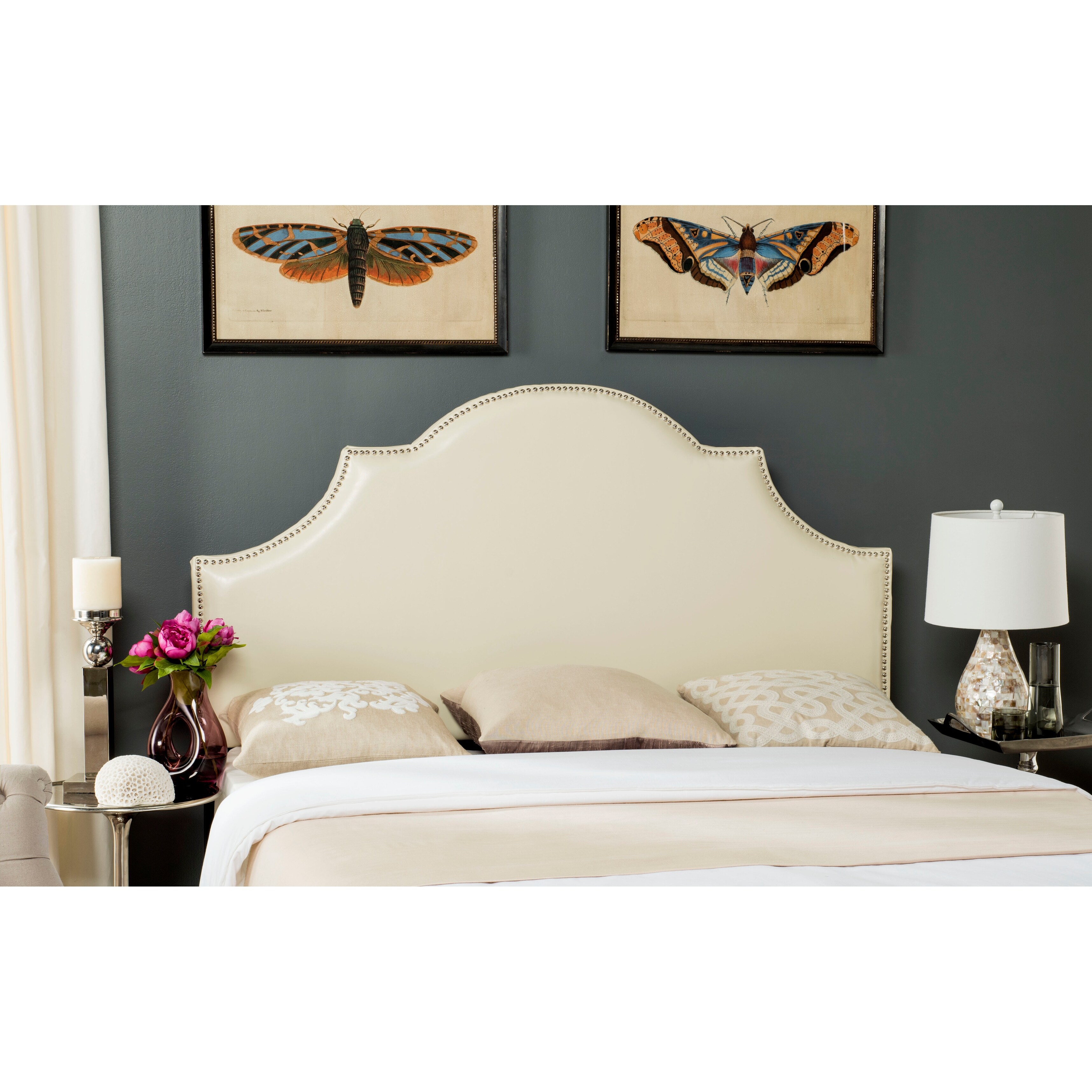 SAFAVIEH Hallmar White Leather Upholstered Arched Headboard - Silver Nailhead (King) - - 11098738