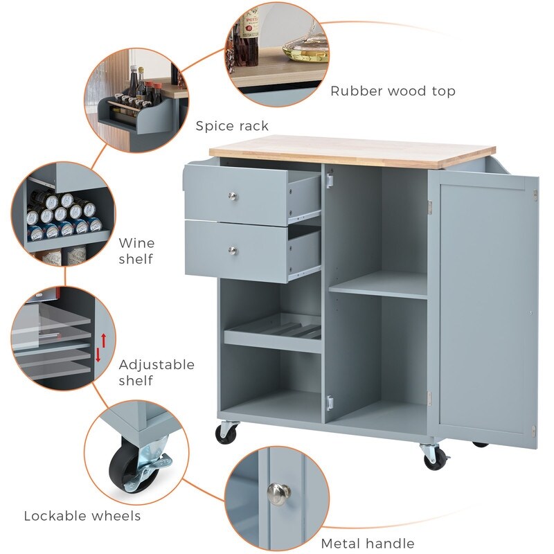 Kitchen Cart with Spice Rack  Towel Rack   Two Drawers Rubber wood top Kitchen Island with 4 Wheels for Dining Rooms Kitchen