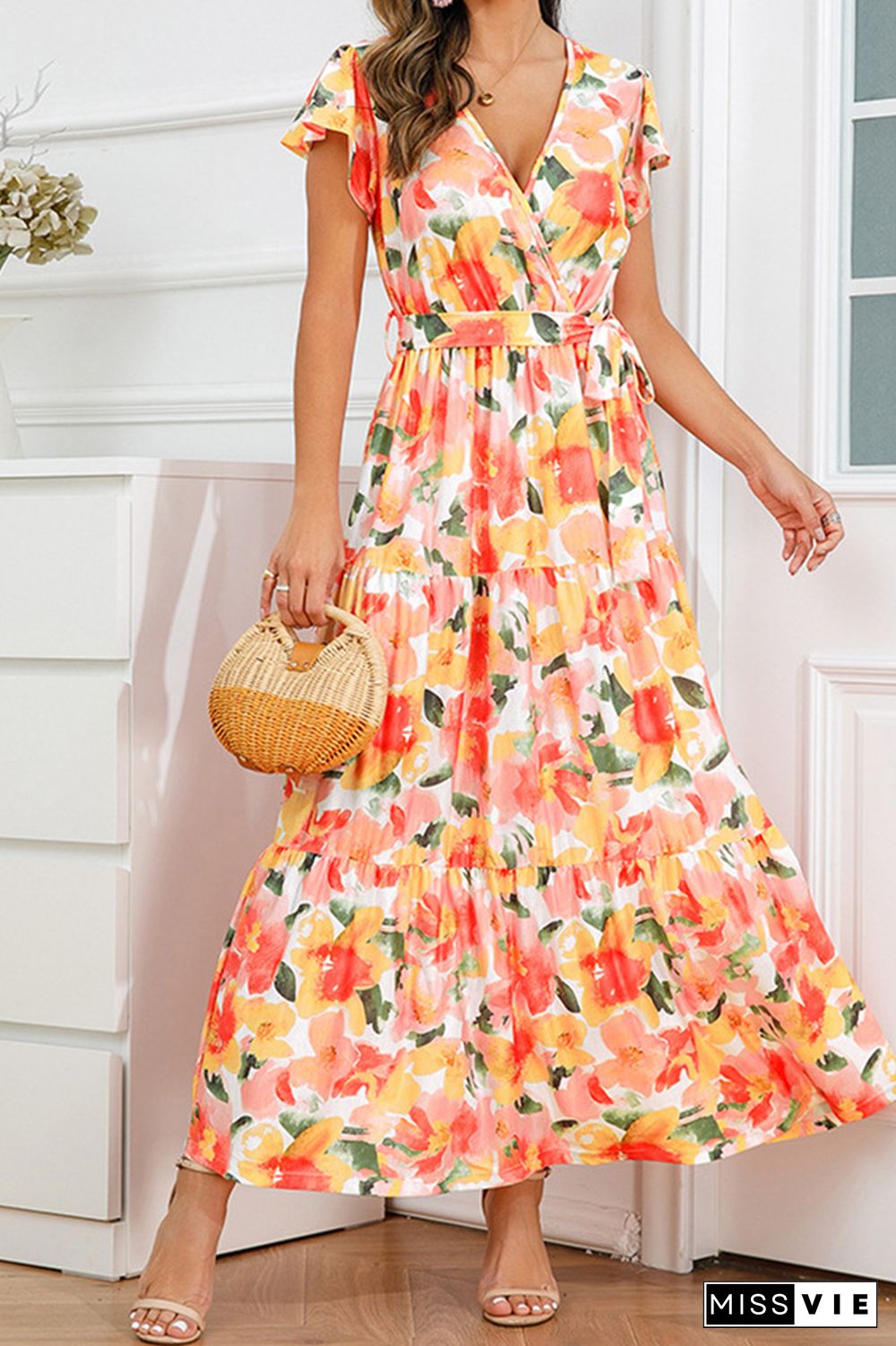 V Neck Flare Sleeves Floral Maxi Dress With Sash