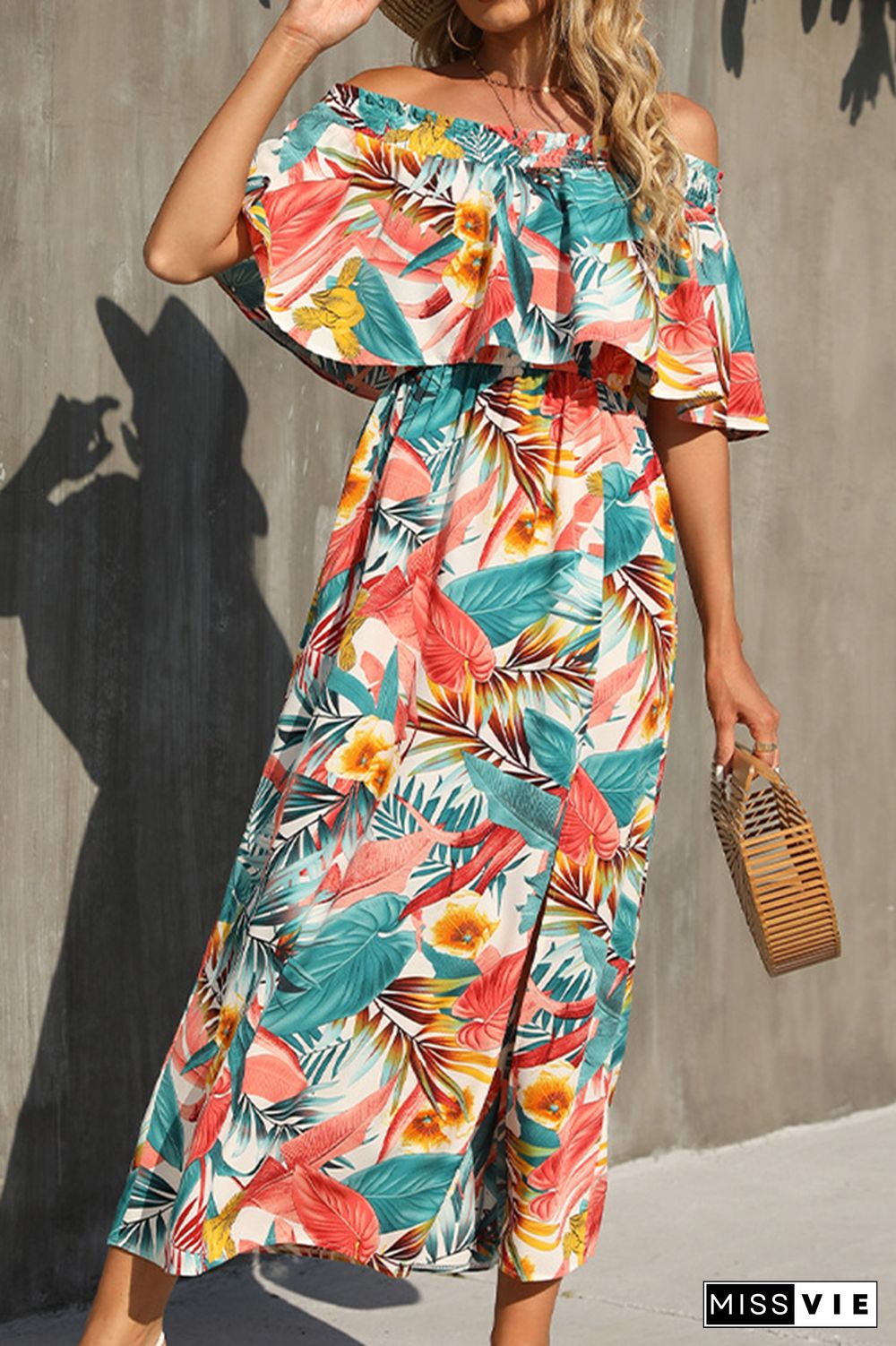 Boat Neck Flowers & Leaves Print Slit Dress Wholesale