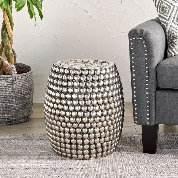 Outdoor Convex Drum Shaped Side Table with Studded Nailhead Accents and Iron Frame