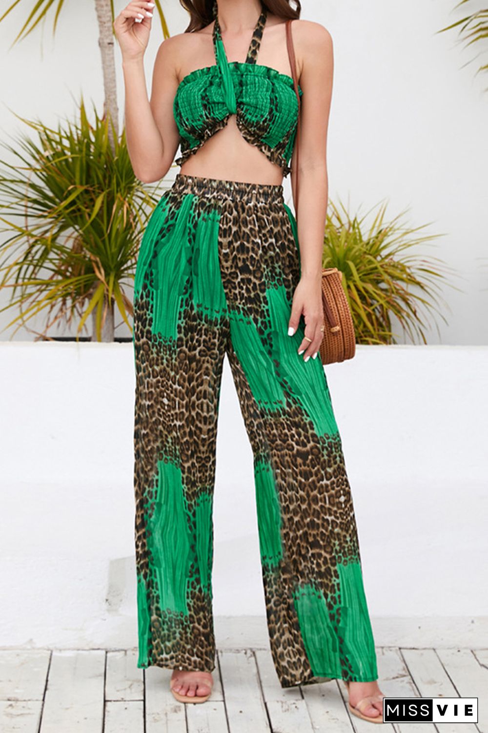 Halter Neck Tube Top and Wide Leg Pants Leopard 2PCS Set