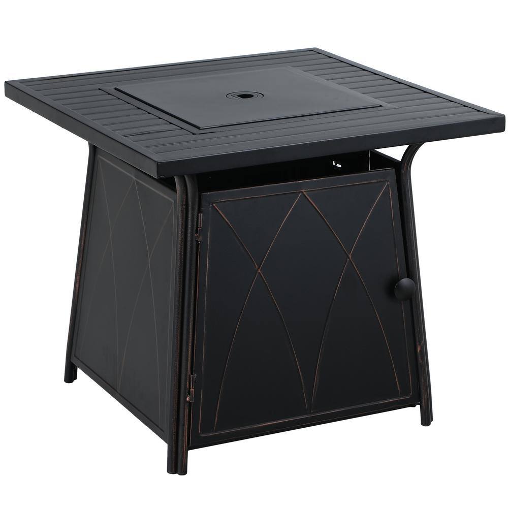 PHI VILLA 28.3 in. x 24.8 in. 50000 BTU Square Metal Gas Fire Pit Table with Lid and Blue Fire Glass THD-E02GS001