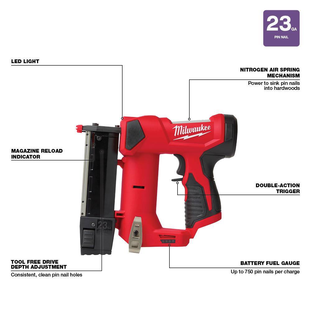 MW M12 FUEL 12V Cordless 4-in-1 Installation 38 in. Drill Driver Kit with M12 23-Gauge Lithium-Ion Cordless Pin Nailer 2505-22-2540-20