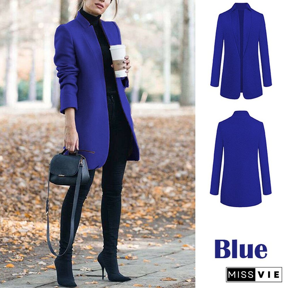 Autumn Winter Women's Fashion Lapel Open Front Slim Fit Overcoat Elegant Solid Color Mid Long Coat Classic Retro Blazer Cardigan Outwear