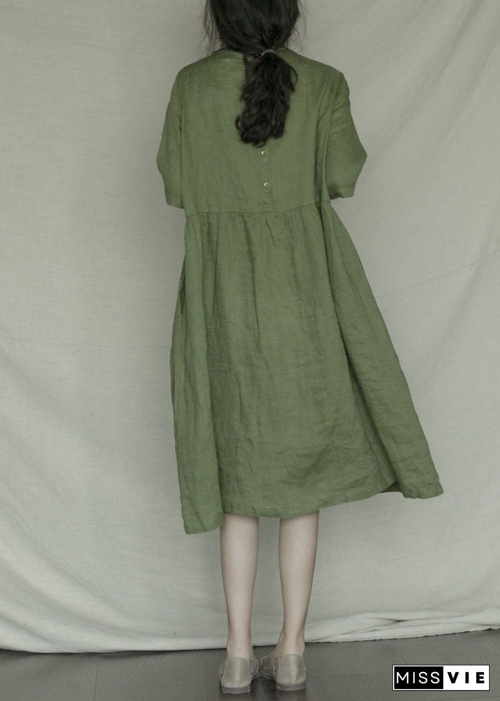 Bohemian Green Embroideried Casual Linen Dress Short Sleeve