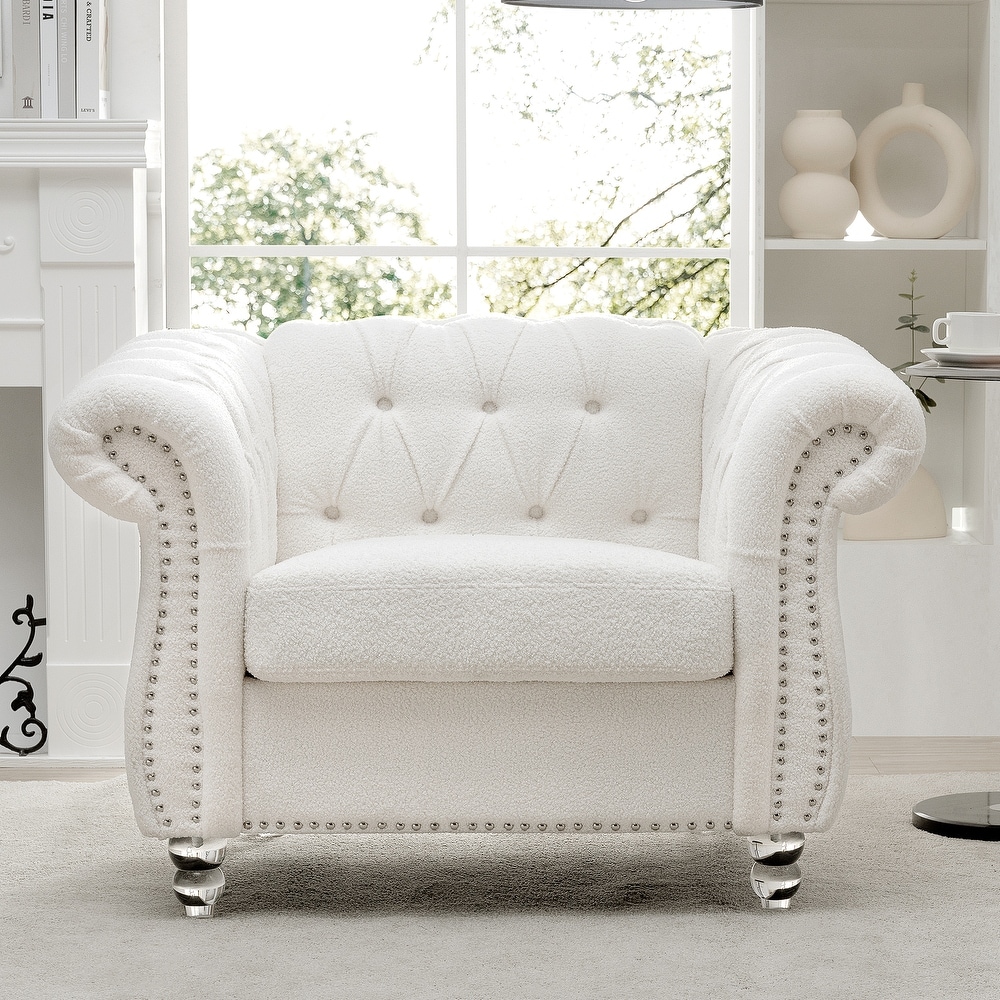 Livingroom Accent Chair  1 Seater Teddy Velvet Cover Sofa Armchair Rolled Arms Chair Lounge Chairs with Nailheads  White