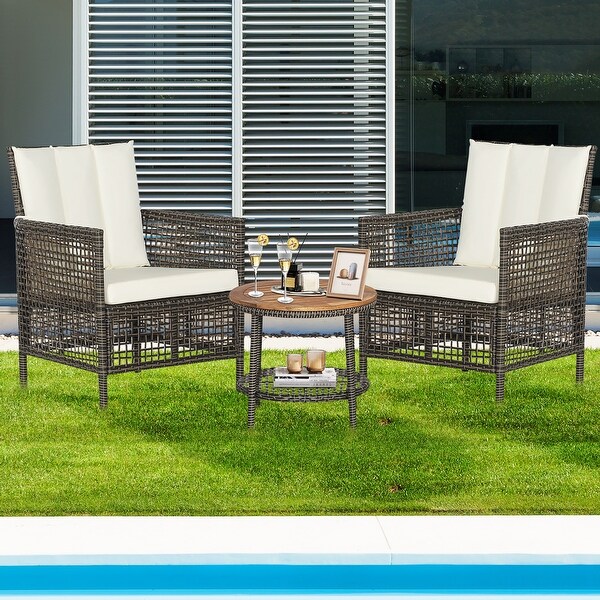 Costway Patiojoy 3PCS Patio Rattan Furniture Set Cushioned Sofas Wood