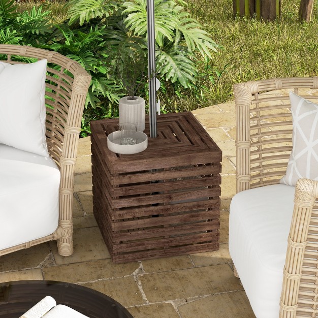 Outsunny 2 in 1 Outdoor Storage Box For Umbrella Base Coffee End Table Wooden Patio Umbrella Stand Table Brown