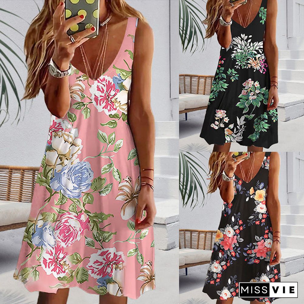 Women Sleeveless V-neck Floral Printed Midi Dress