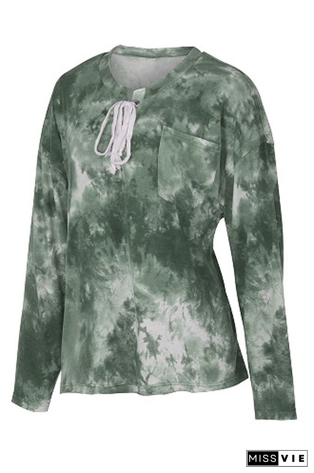 Army Green Tie-dye Drawstring Long-sleeved Sweater T-shirt