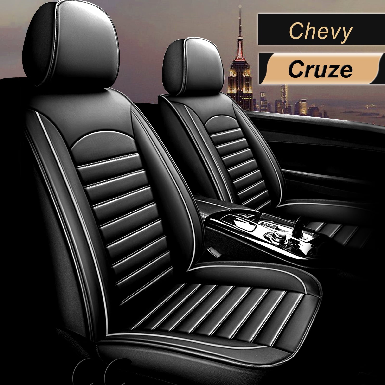 AOMSAZTO Fit Chevrolet Cruze 2015-2021 Black and White Car seat Cover 5-seat Faux Leather Full Set Compatible Airbag