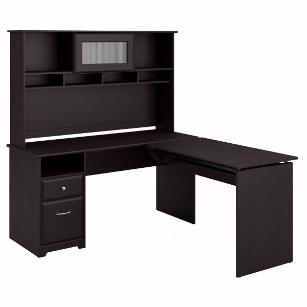 Bush Furniture Cabot 60W 3 Position L Shaped Sit to Stand Desk with Hutch in Espresso Oak