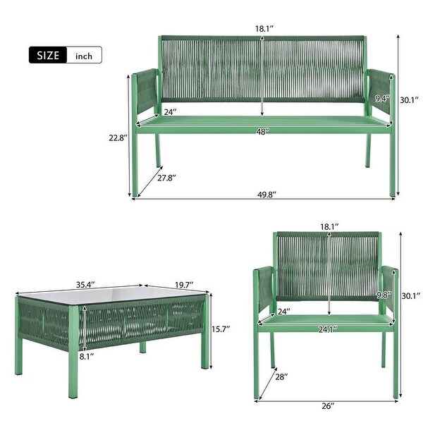 4Piece Patio Conversation Set with Tempered Glass Table，Outdoor Loveseat Chair Set with Thick Cushion for Backyard，Grey