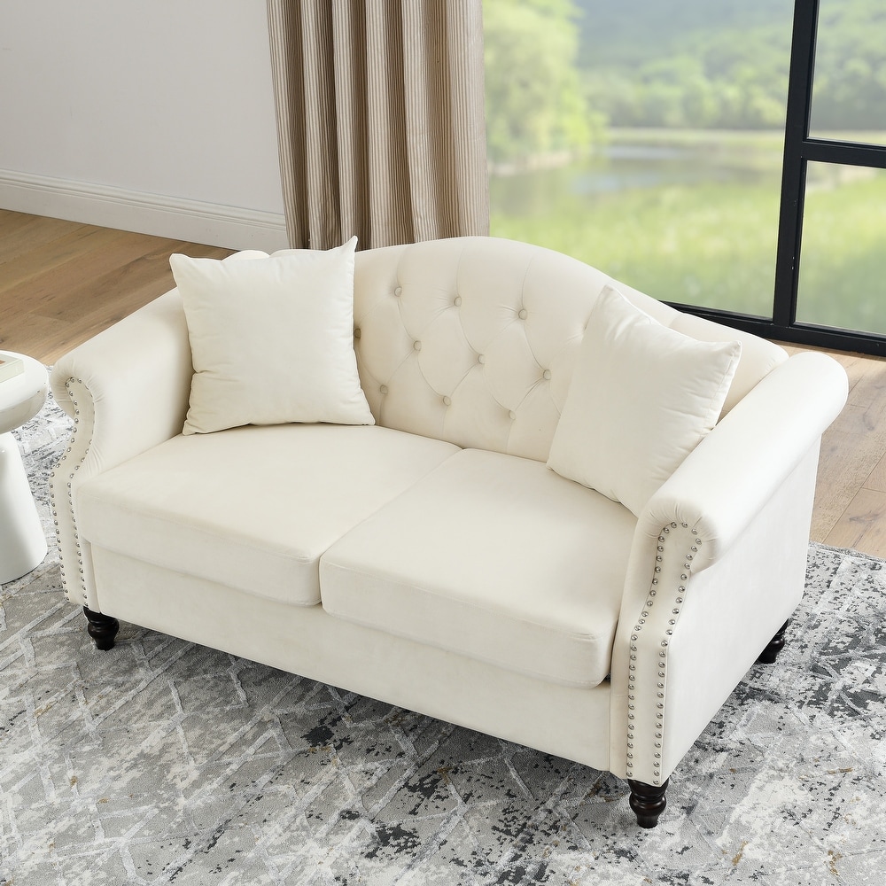 Beige Velvet Nailhead Trim Sofa Set  3 Seater + Loveseat