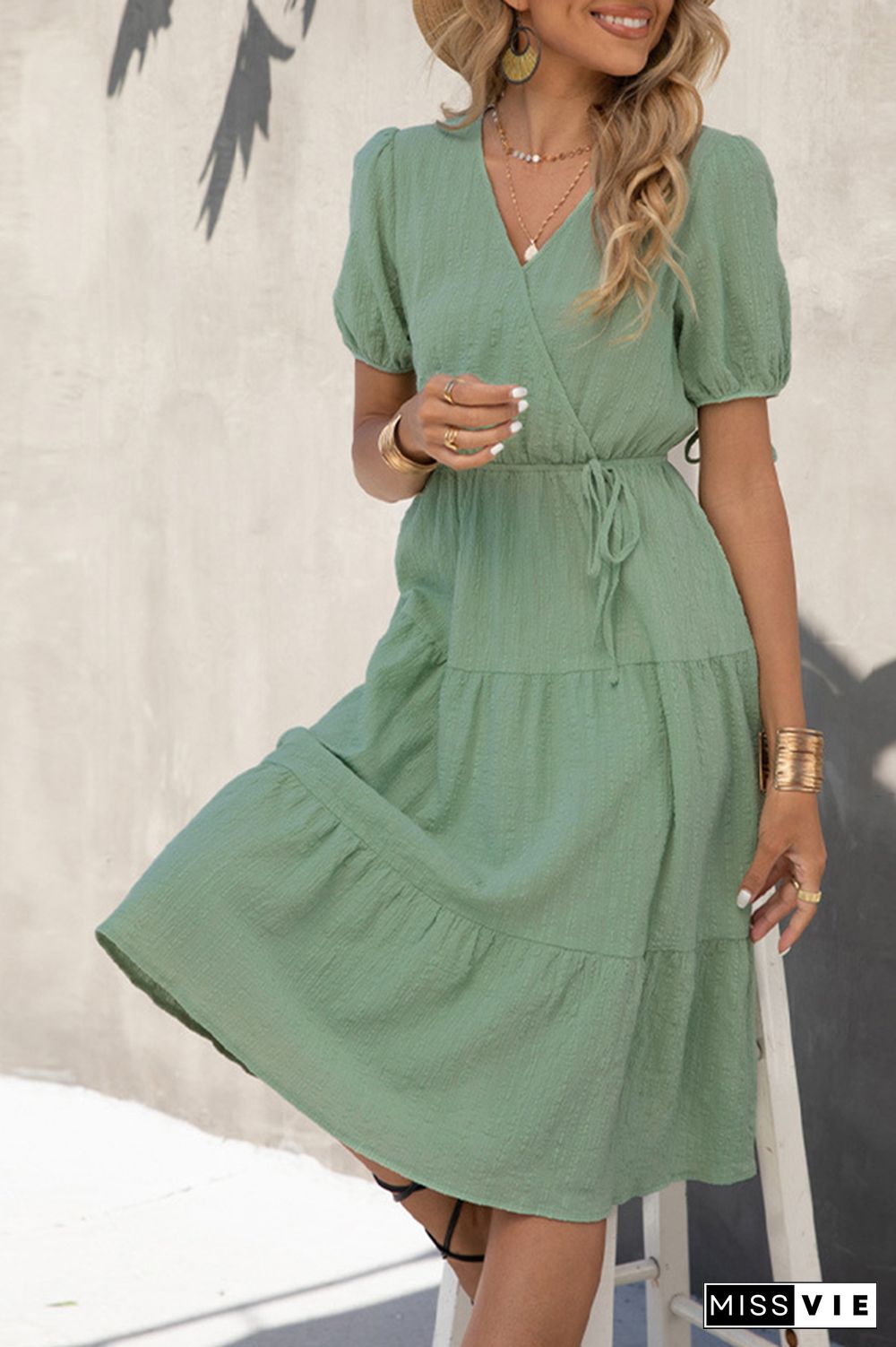 Green V-neck Short Sleeve Tie Waist Midi Dress Wholesale