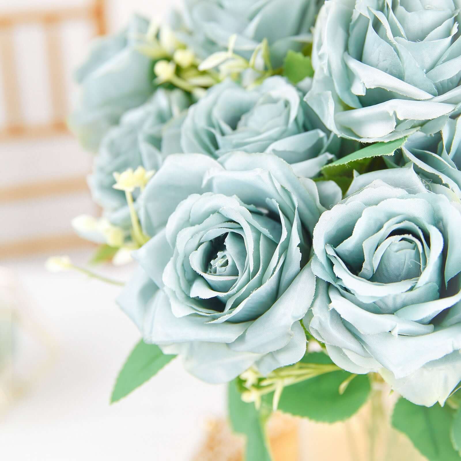 2 Bushes Dusty Blue Artificial Silk Rose Flower Arrangements, Real Touch Long Stem Flower Bouquet 18