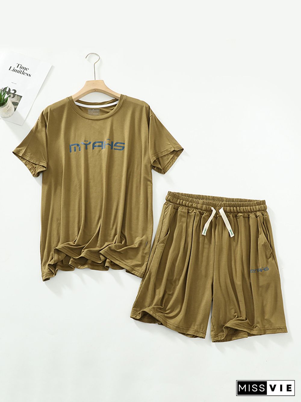 Loose Short Sleeves Round-Neck T-Shirt Top +Drawstring Elasticity Pleated Shorts Pajama Sets