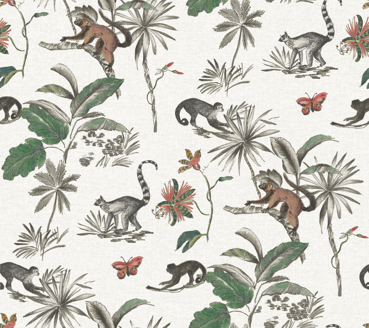 Sample Botanicals and Lemurs White/Green Peel & Stick Wallpaper