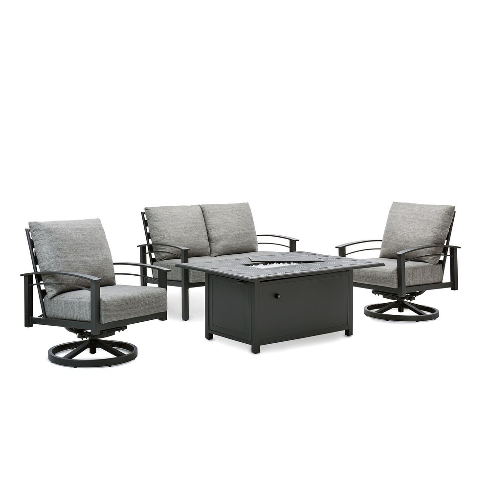 Stanford Cushion 4 Pc Sunbrella Set with 2 Swivel Chairs  Loveseat  and Rectangle Fire Table