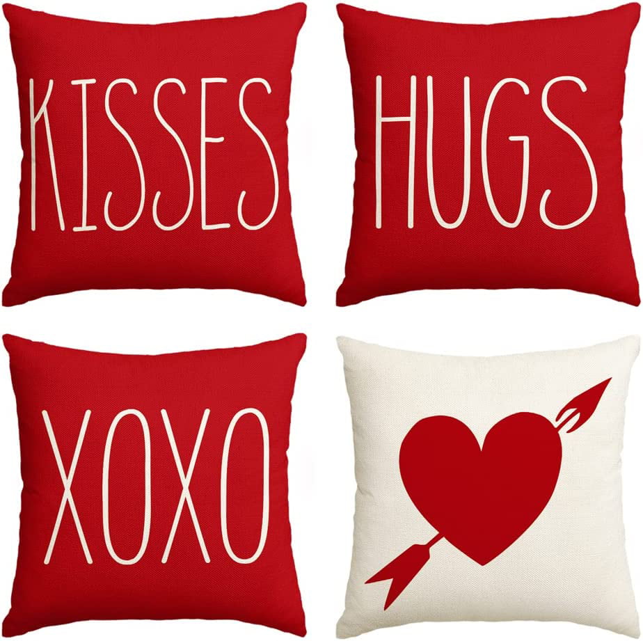 Artoid Mode Love Heart Kisses Hugs XOXO Valentine's Day Throw Pillow Cover 18 x 18 Set of 4 Decorative Farmhouse Outdoor Pillow Case Red Off White