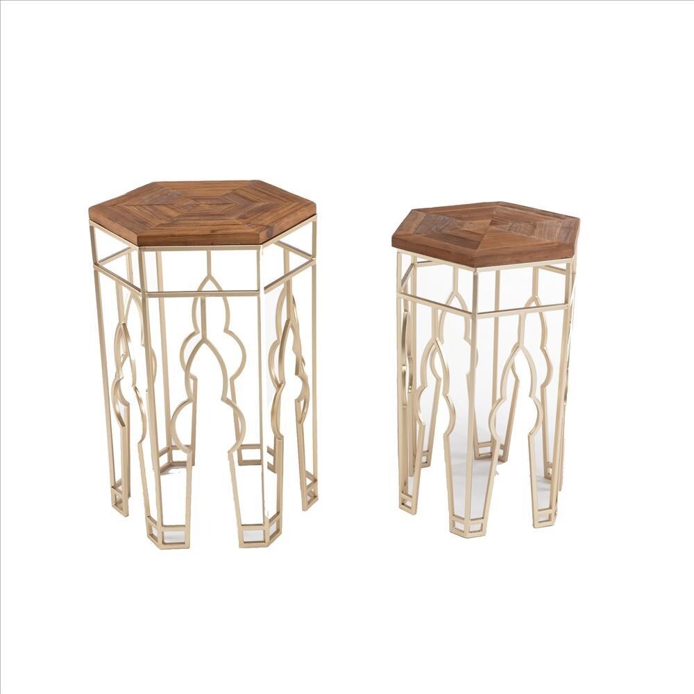 Nesting Side Table with Hexagonal Top， Set of 2， Brown and Gold - 26 H x 17 W x 15 L Inches