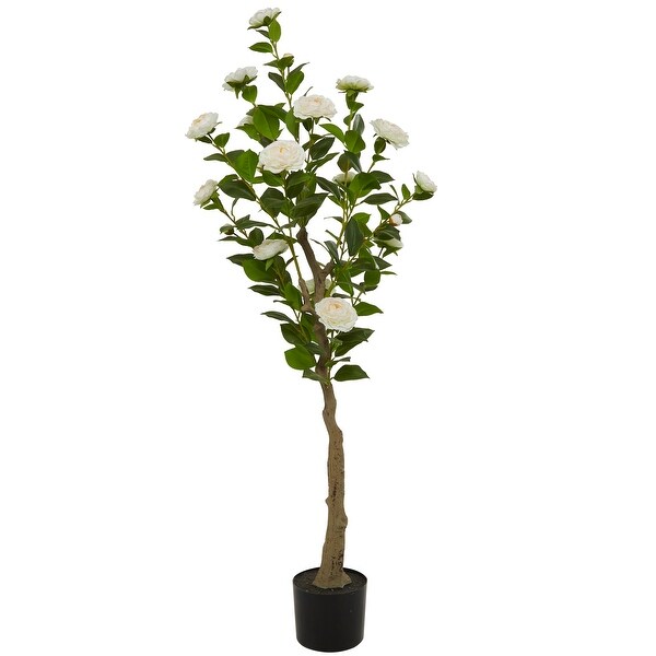 Green Faux Foliage Camellia Artificial Tree with Realistic Leaves and Black Plastic Pot