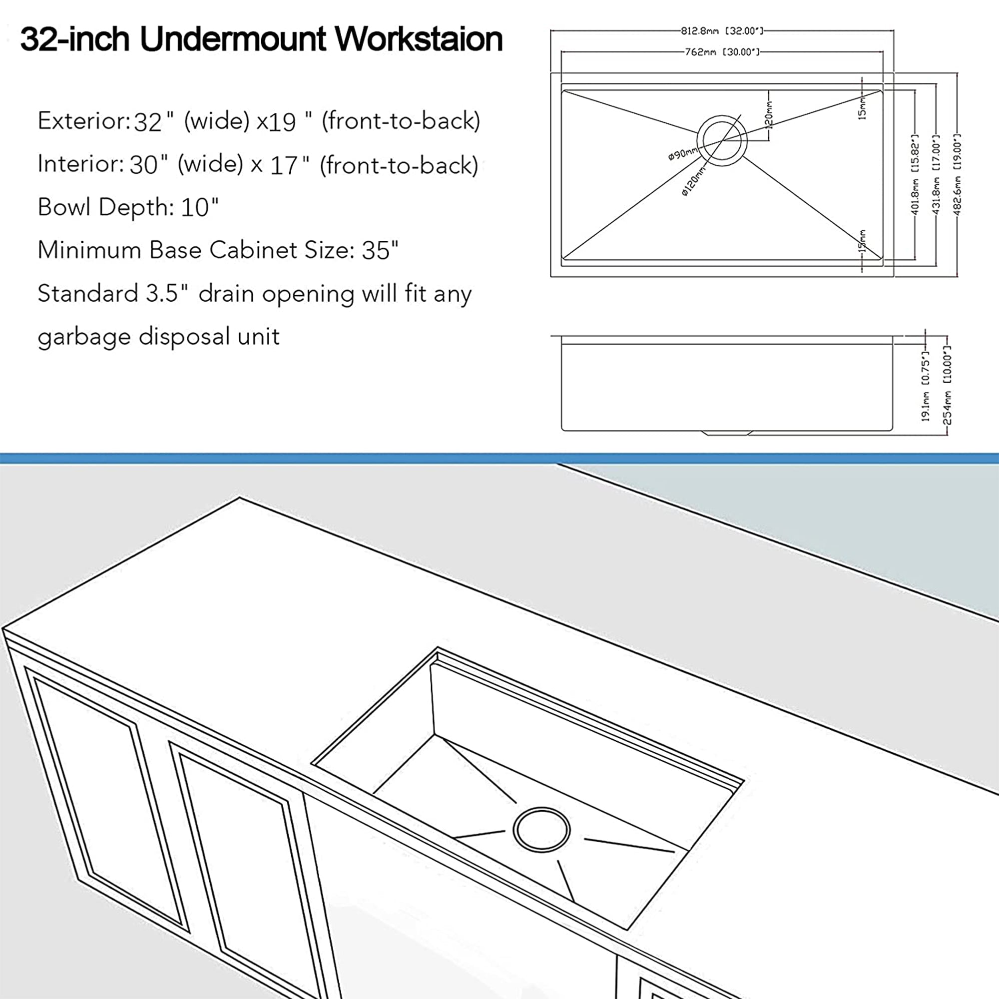 ALWEN 32 16ga. Stainless Steel Single Basin Kitchen Sink, Undermount, Brushed