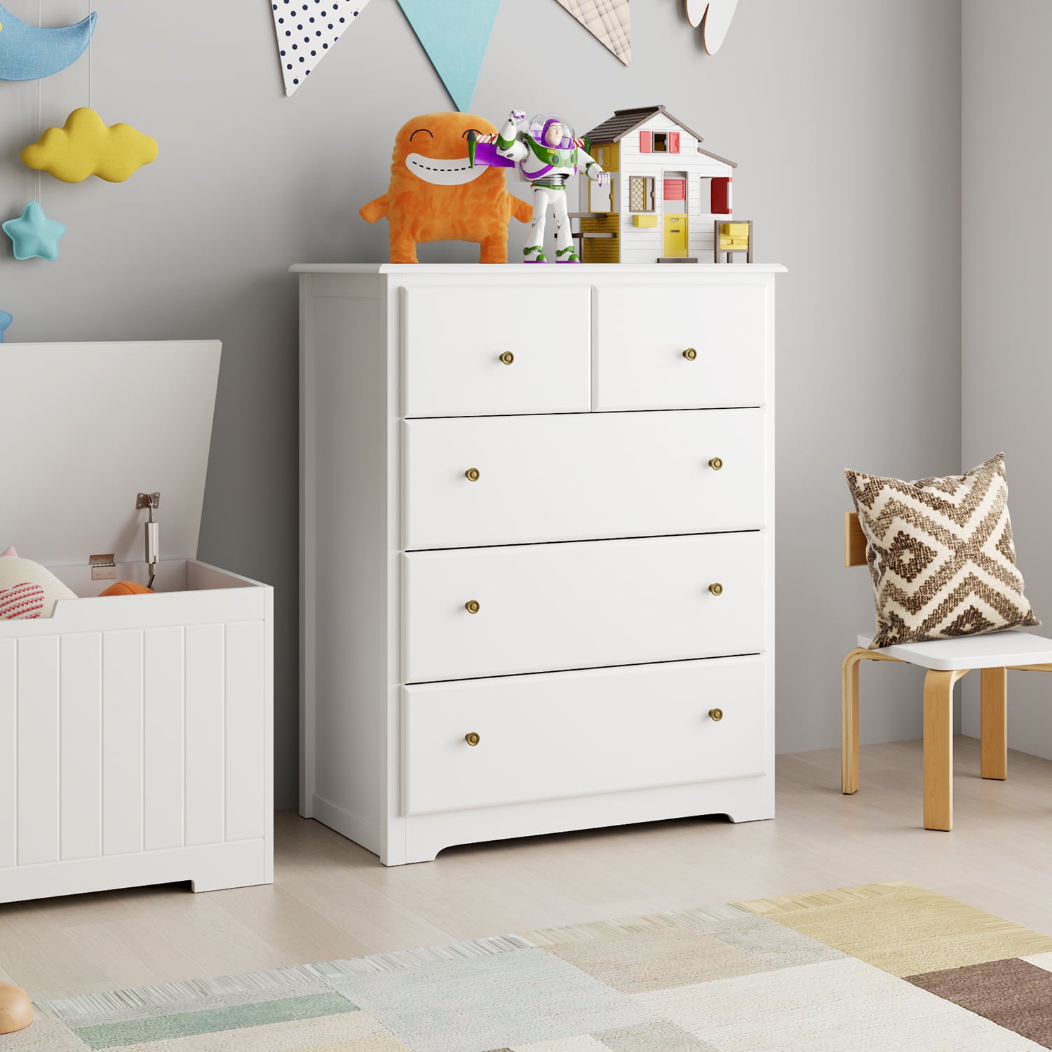 Homfa Horizontal Dresser, Modern Dresser of 5 Drawers, Dresser Chest with Easy Pull Handle for Bedroom, White Finish