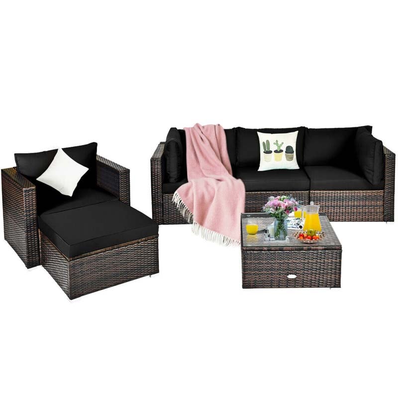 6 Pcs Patio Rattan Sectional Furniture Set Outdoor Conversation Sofa Set with Cushions