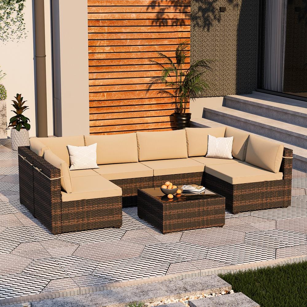 UPHA 7-Piece Wicker Patio Conversation Sectional Seating Set with Beige Cushions HD-PFS-ABC