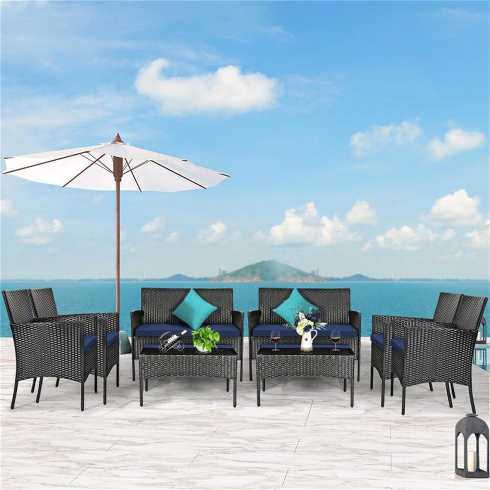 4 Pieces Patio Rattan Cushioned Sofa Set with Tempered Glass Table