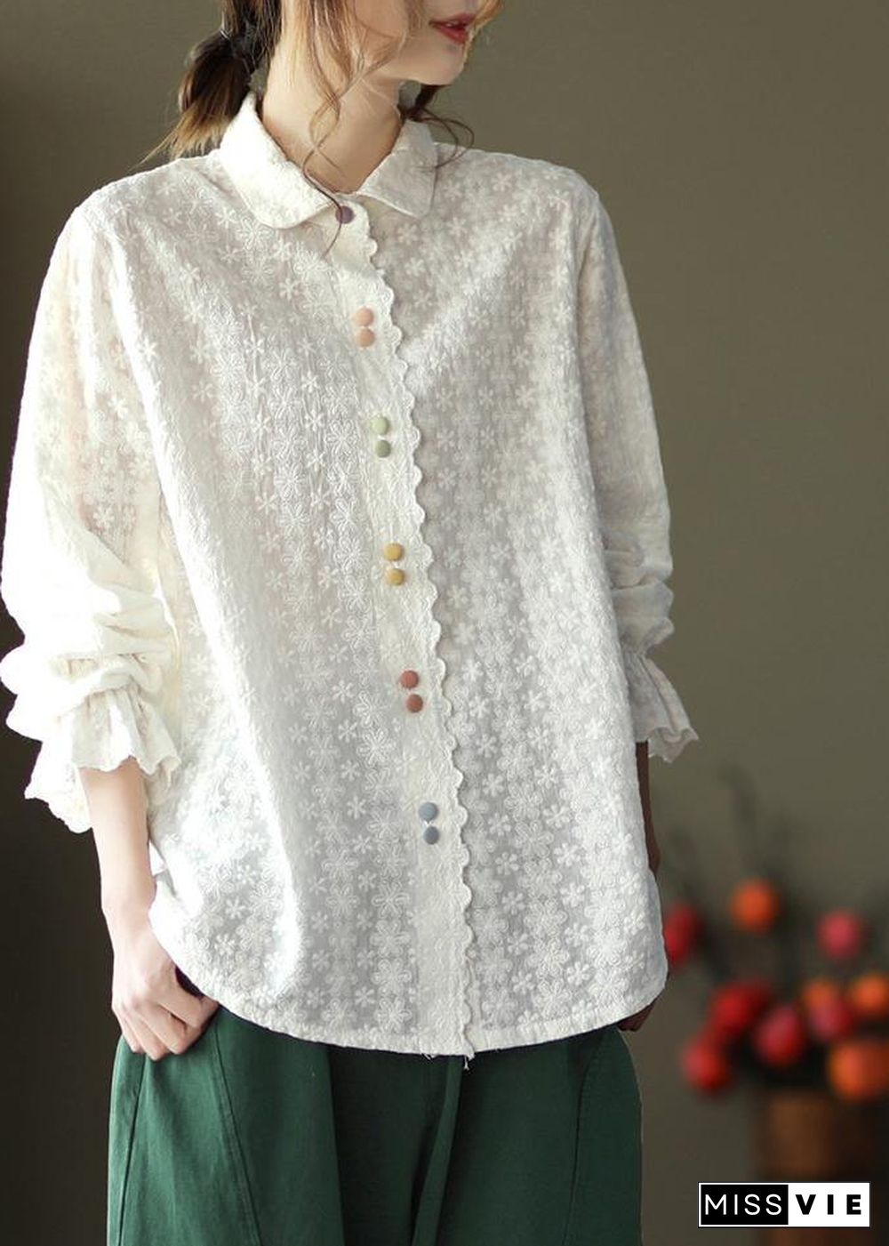 Women White Embroidery shirts Lapel white button loose Spring blouse