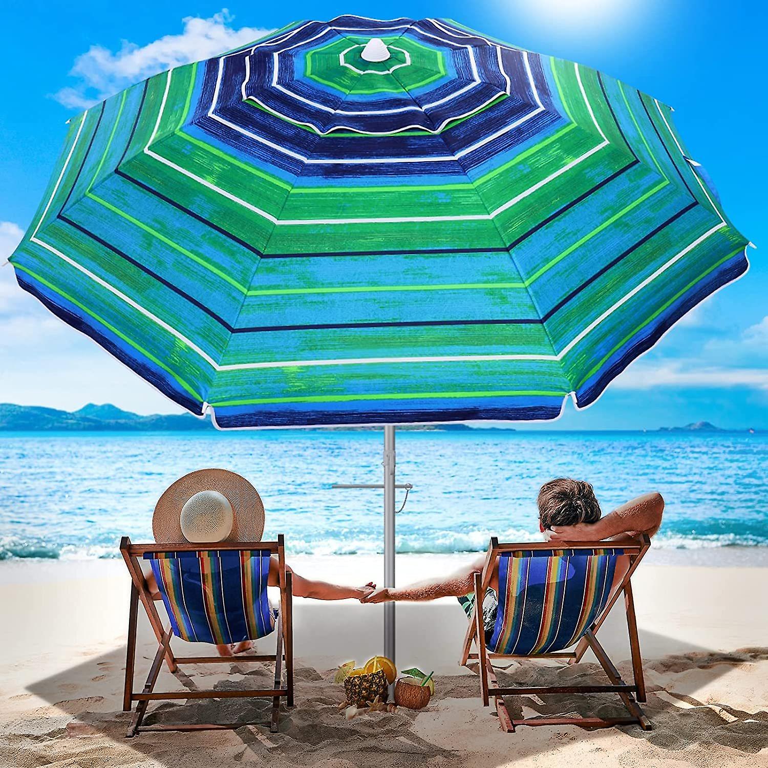 Portable Beach Sand Umbrella Outdoor: 7ft Arc Length 6.5ft Diameter Uv 50+ Large Heavy Duty Wind Proof Umbrella With Anchor And Adjustable Tilt Pole -