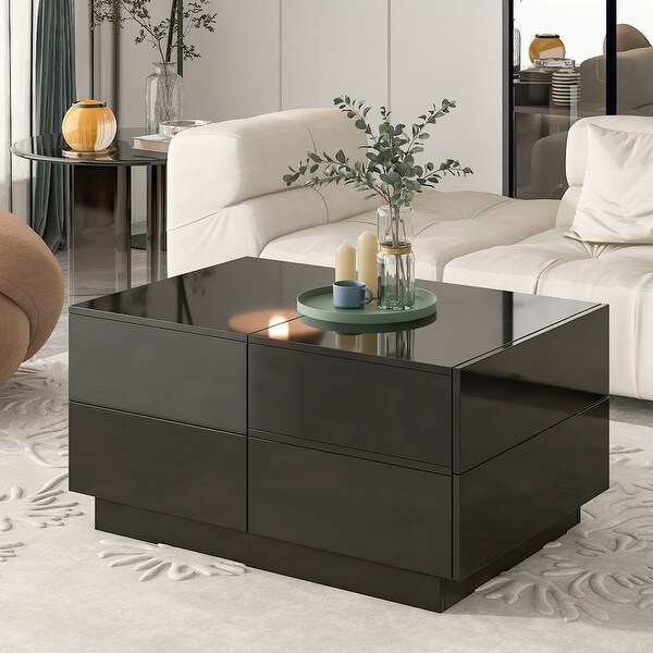 Extendable Coffee Table w/4 Drawers and Sliding Top， High-gloss Center Table