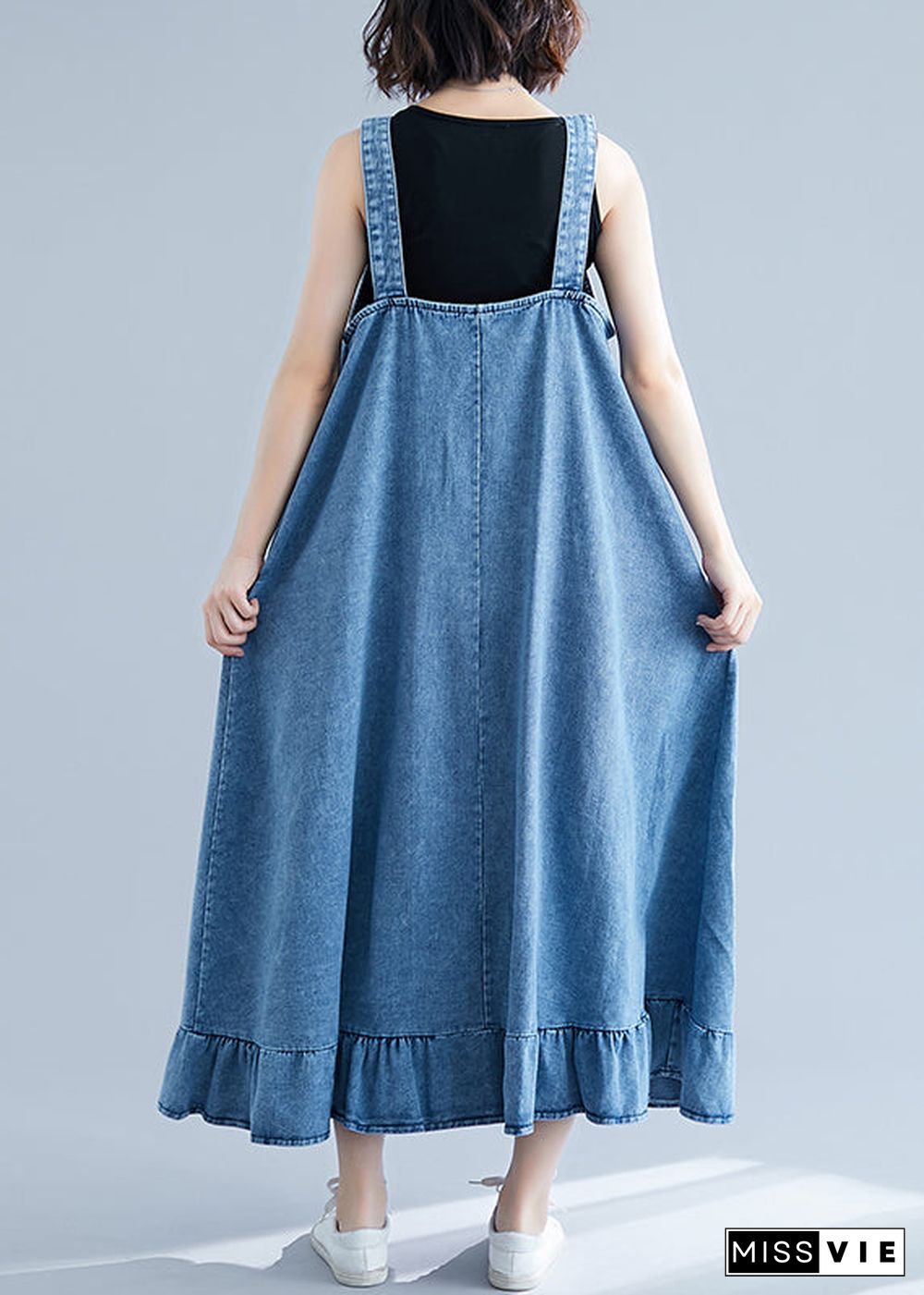 French Blue Ruffles Button Cotton Denim Strap Dress Summer