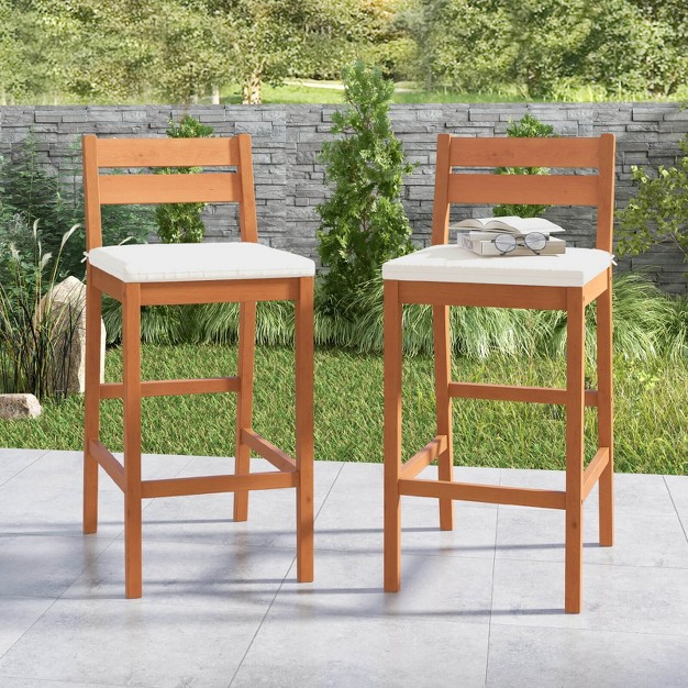 Costway Outdoor Wood Barstools Eucalyptus Wood Bar Height Chairs Cushioned Seat