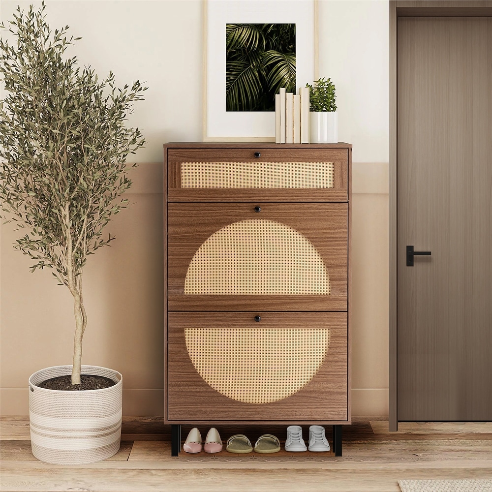 Rattan Shoe Cabinet Freestanding Shoe Rack Storage Cabinet with 2 Flip Drawers