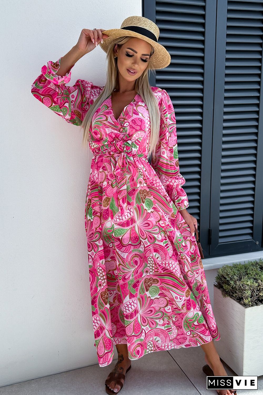 Rose Surplice V Neck Floral Maxi Dress