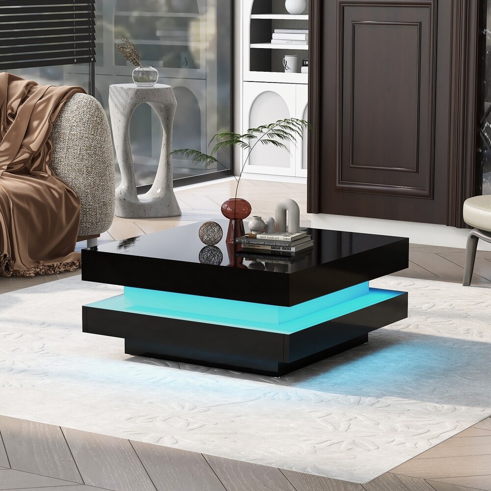 LED Coffee Table for Living Room Square Coffee Table with LED Lights  2 Tier Center Table  Cocktail Table with High Glossy