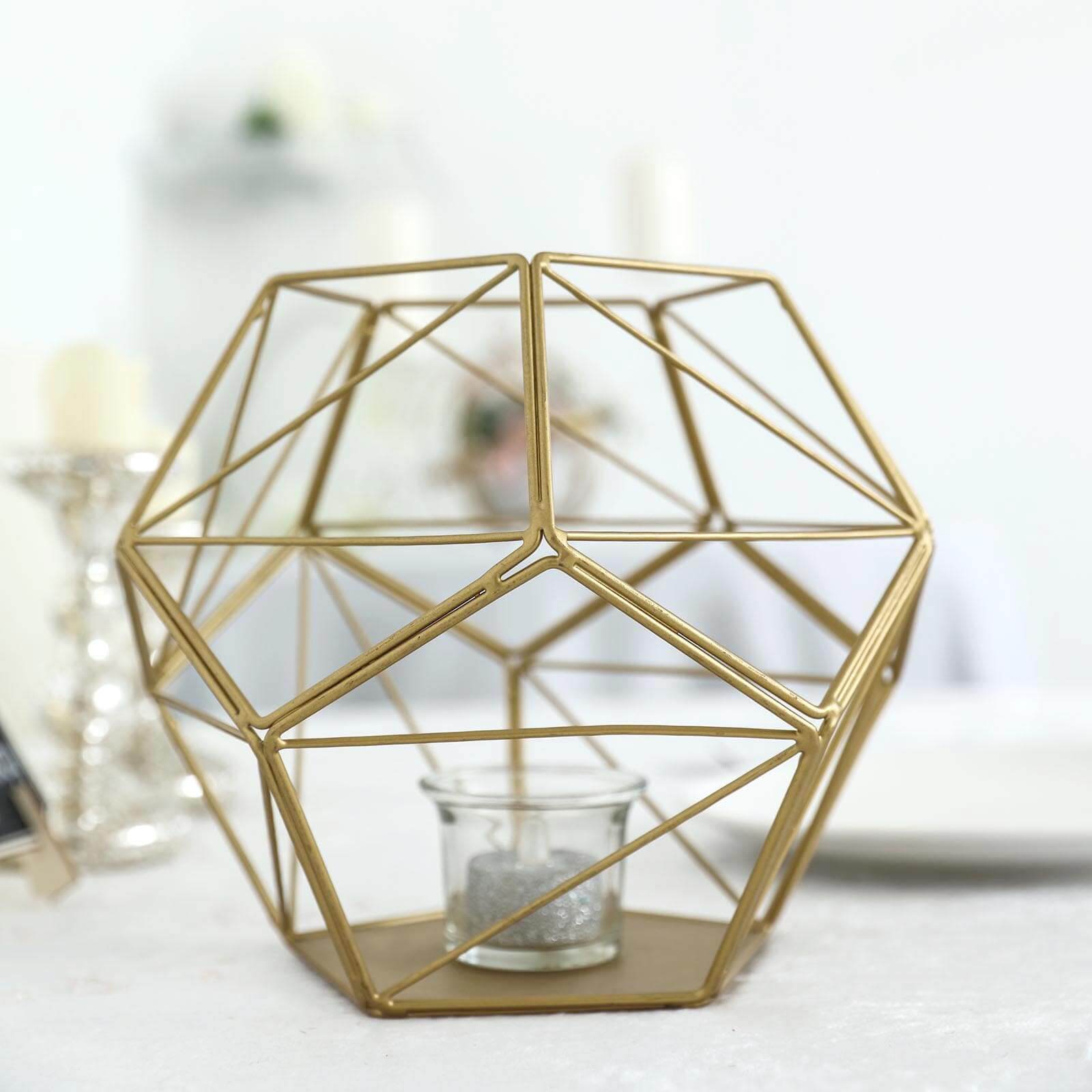 Gold Metal Pentagon Prism Tealight Candle Holder, Open Frame Geometric Flower Stand 7